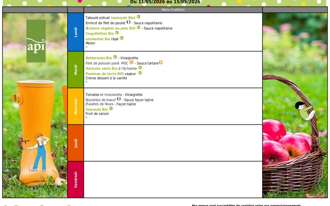 Menus de la restauration scolaire – du 11 au 15 mai 2026