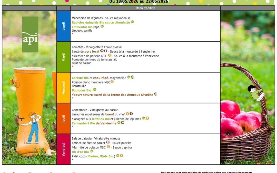 Menus de la restauration scolaire – du 18 au 22 mai 2026